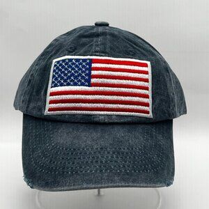 Dark Blue Fabric Washed Vintage Baseball Cap with American Flag Patch – Made in